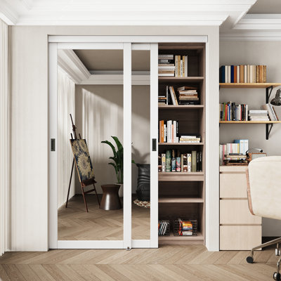 Porte coulissante 72 po x 96 po avec miroir blanc apprêté pour garde-manger et garde-robe