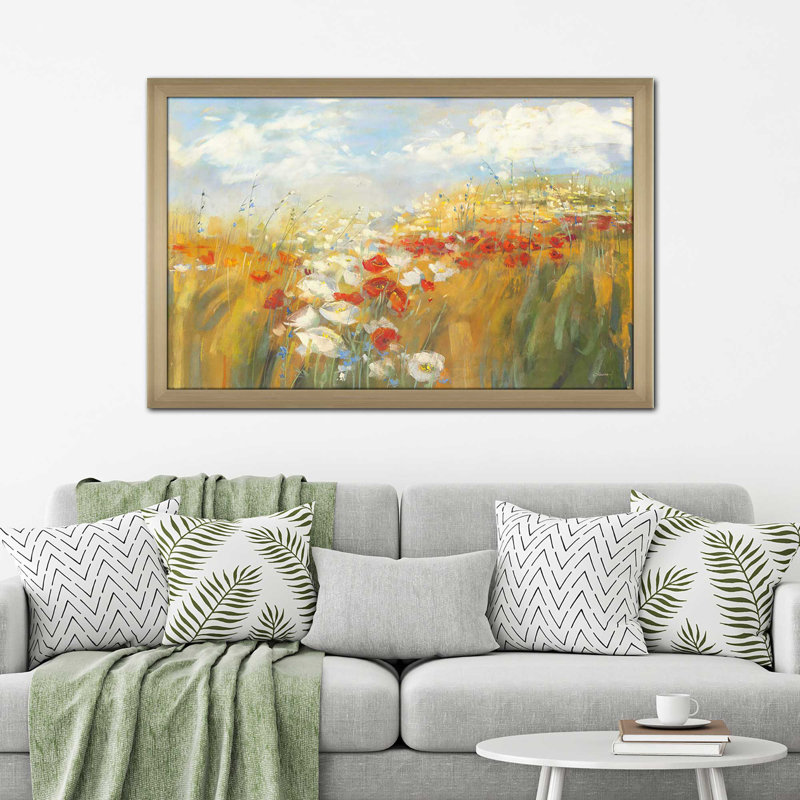 Coquelicots et larkspour - Peinture, Encadrement champagne, H 27,5 po x l 39,5 po x P 0,75 po
