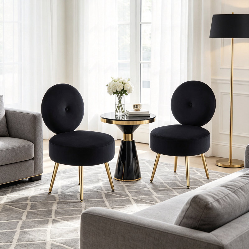 Chaise rembourrée en velours avec tabouret (ensemble de 2), Noir