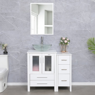  36" Single Bathroom Vanity Set with Glass Sink, Water Saving Faucet, Pop up Drain