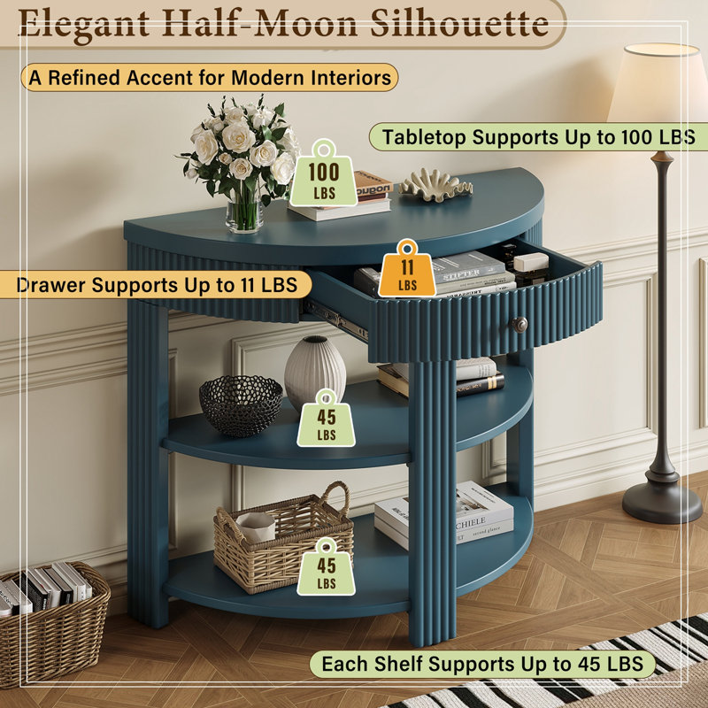 Demi-lune Lowellville avec tiroir et 2 tablettes, Marine