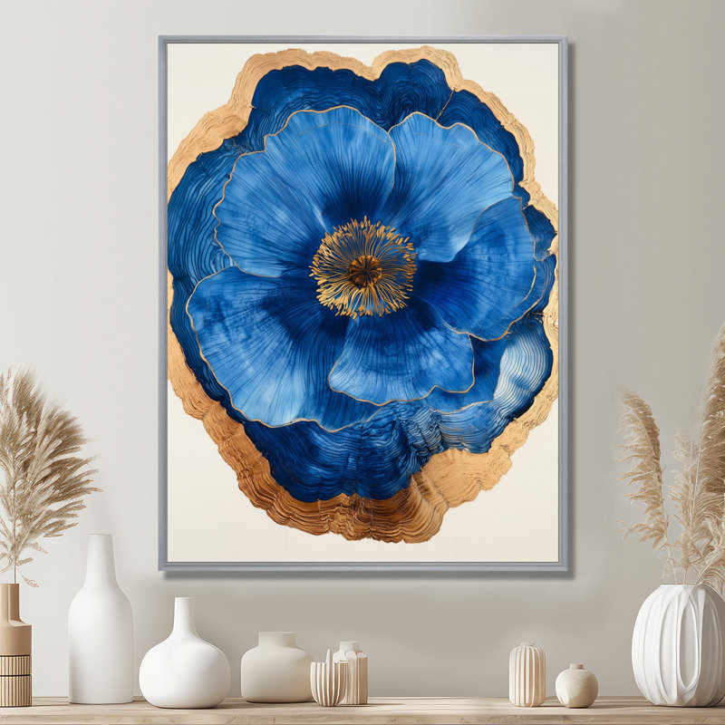 «Blue Wildflowers Leaves Wood Slide III», impressions sur toile, Argent argent, Impression encadrée flottante