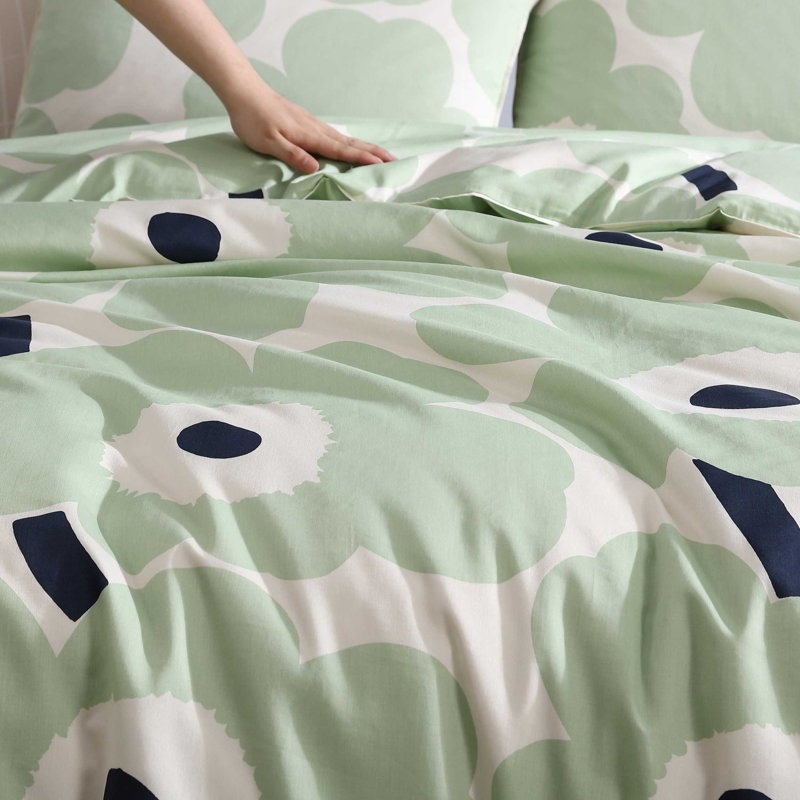 Unikko Orange/Green/White Organic Cotton Duvet Cover Set, Green/Black/White, Queen Duvet Cover + 2 Standard Shams