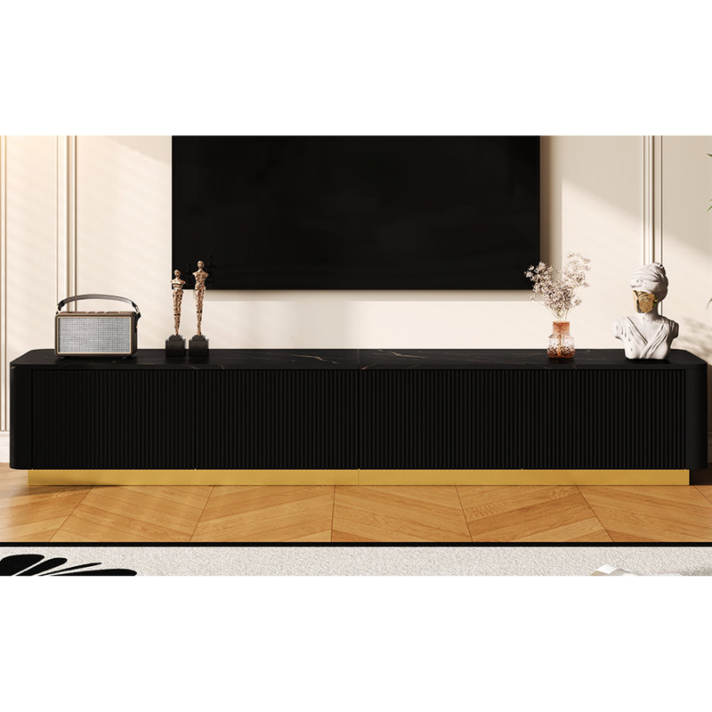 Meuble télé de luxe de 85 po, console média cannelée, plateau en faux marbre noir, 4 tiroirs, base dorée, conception incurvée, plateau de table