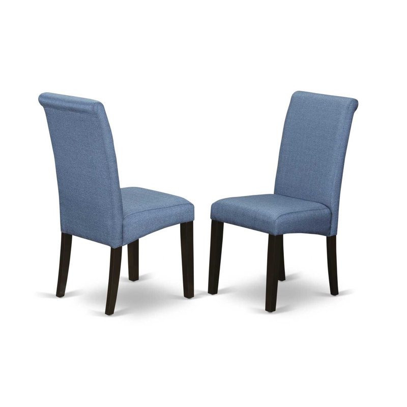 3 Piece Dining Set Contains a Round Kitchen Table with Pedestal and 2 Blue Color Linen Fabric Upholstered Parson Chairs, Cappuccino