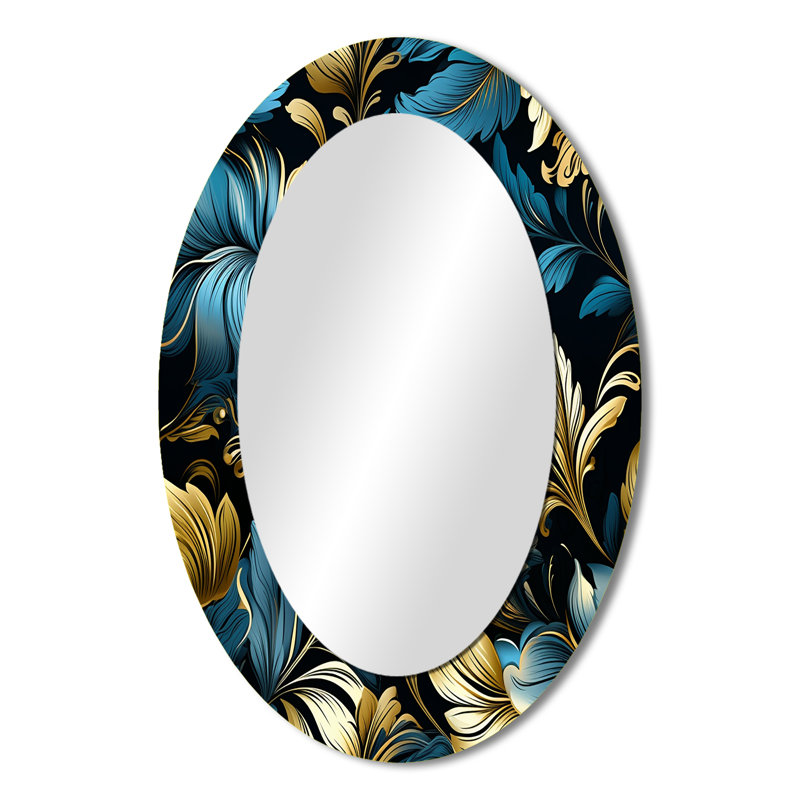 Or et bleu luxe damassé Serenade - miroir mural décoratif damassé, miroir doré, impression sur métal, H 36 po x l 24 po