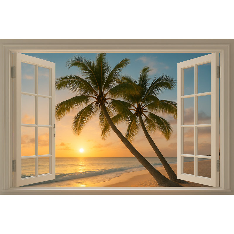Evening Palms - Sunset Glow Through Coastal Window, H 30 po x l 40 po