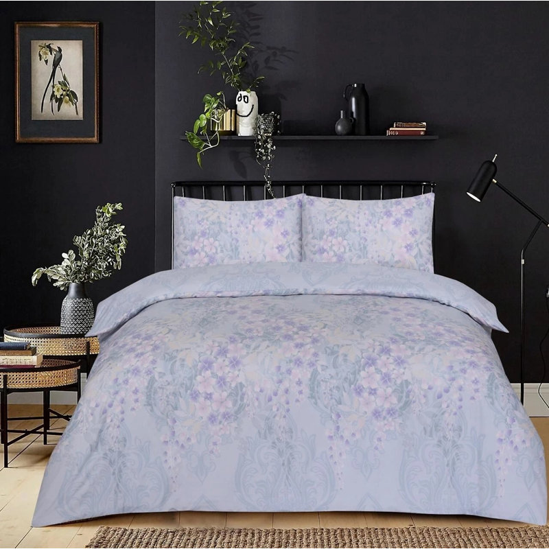 Cotton Floral Duvet Cover Set, King Duvet Cover Set + 3 Additional Pieces, Grey Floral