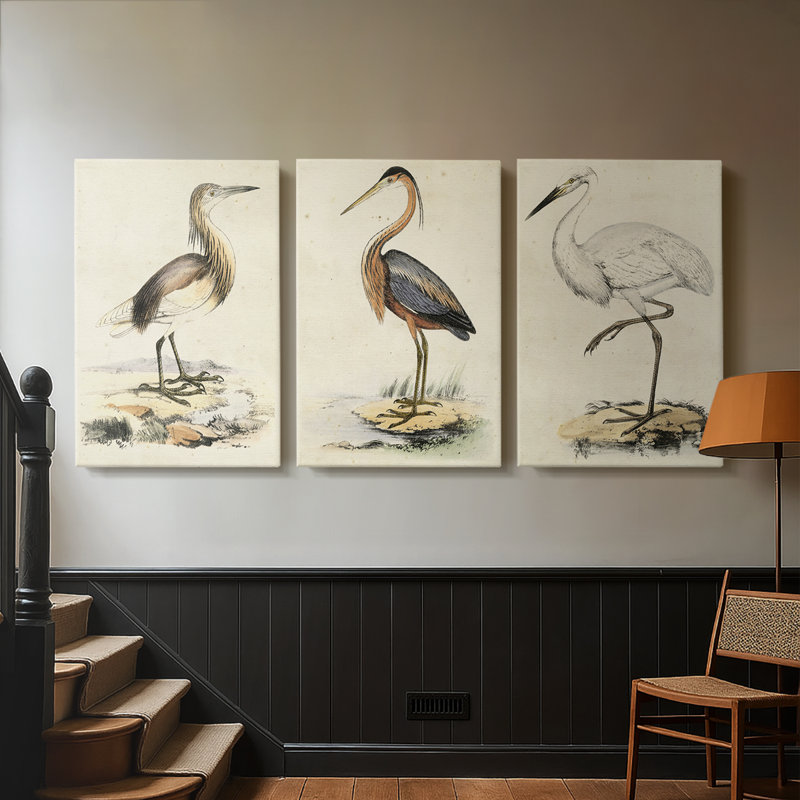 Antique Heron I - Toile tendue avec châssis sur mesure - 3 pièces, H 48 po x l 96 po