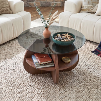 Round Coffee Table with Gray Tempered Glass Top and Walnut Cross-Structure Storage Base for Living Rooms
