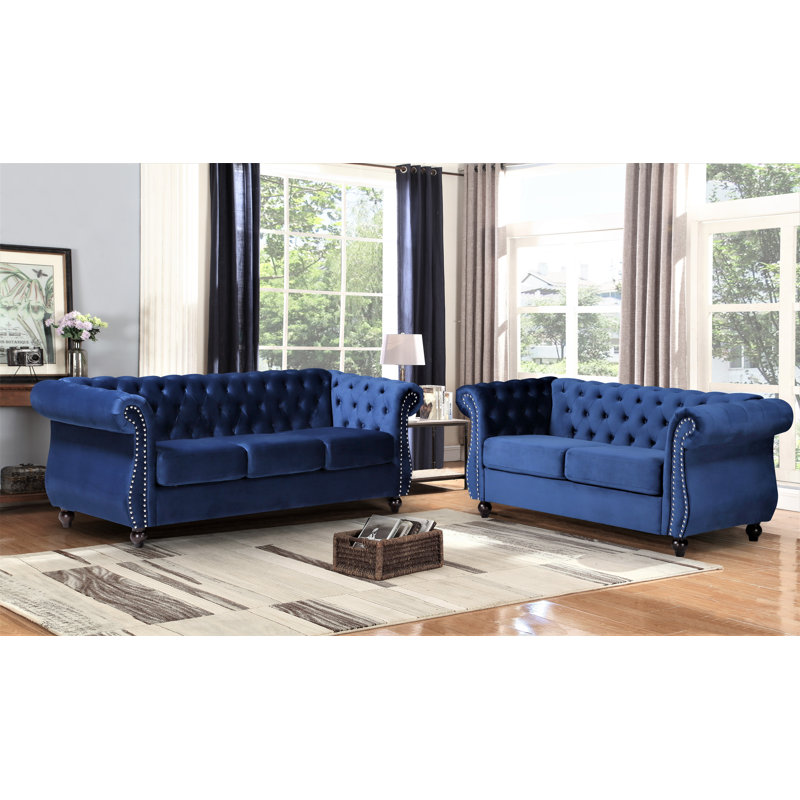 Ensemble de salon en velours 2 pièces Demacio, Velours bleu foncé