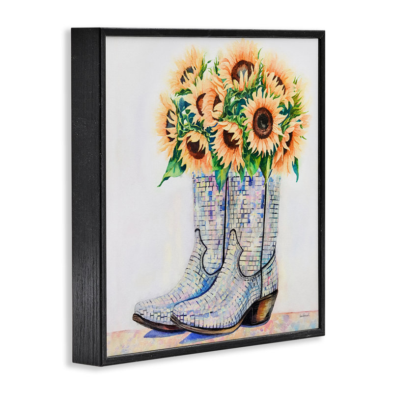 Tournesol garni de bottes de cow-boy encadrées, dessin par Amanda Greenwood, H 17 po x l 17 po, Giclée encadrée noir minuit