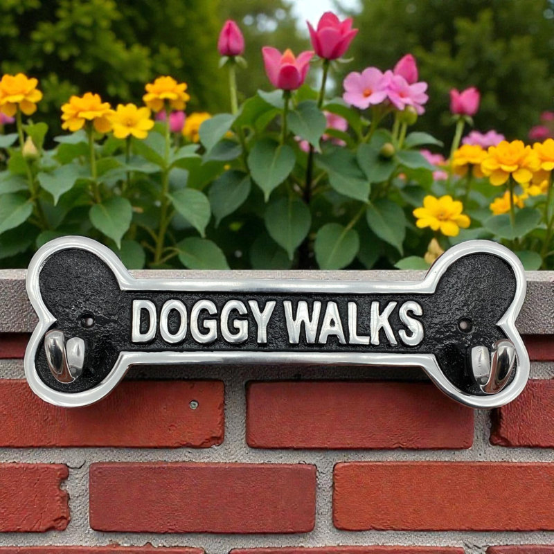 Aadm Cast Iron Doggy Walks Wall Sign with Hooks | Functional Decorative Metal Storage for Leads, Keys or Accessories