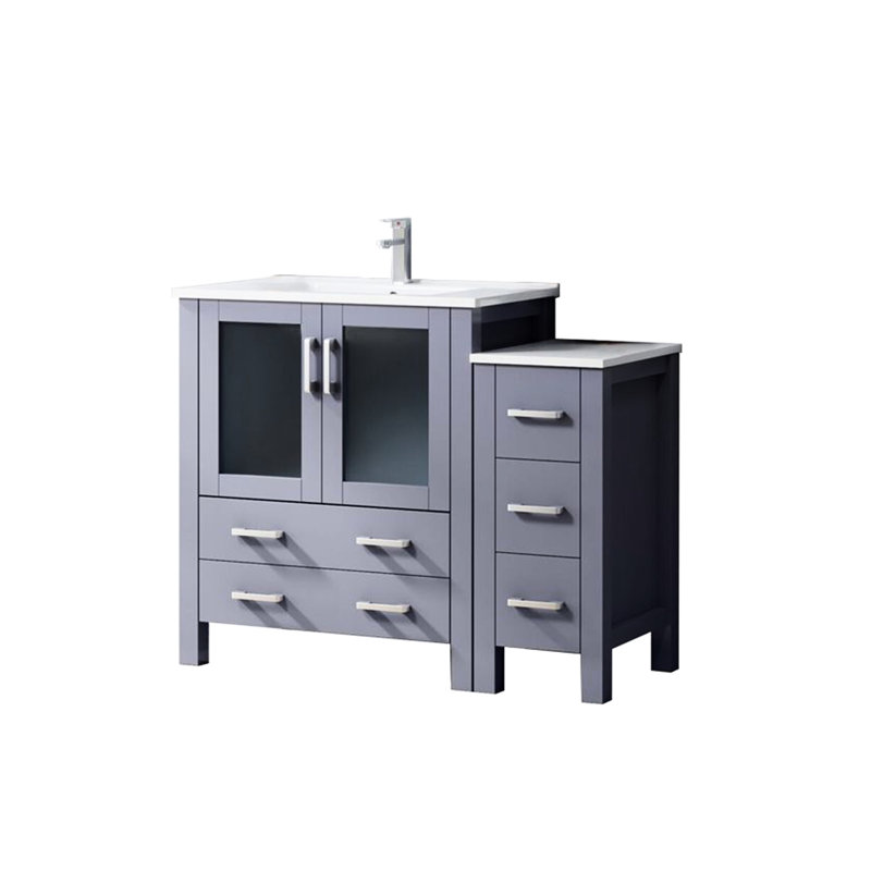 Meuble-lavabo simple gris foncé de 42 po Largeur, comptoir en céramique blanche, robinet inclus, conception à fermeture en douceur, une armoire intérieure et cinq tiroirs pour un rangement abondant, surface de travail, trou avec salle de bain