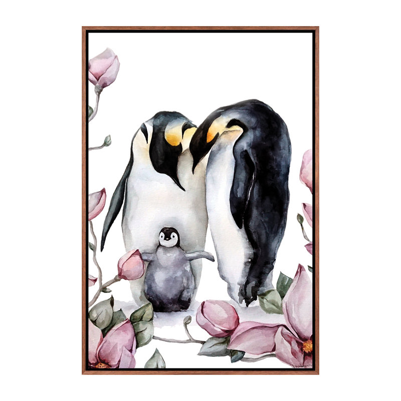 Décoration murale pingouins pour enfants, H 40 po x l 26 po x P 1,5 po, Toile classique avec cadre brun
