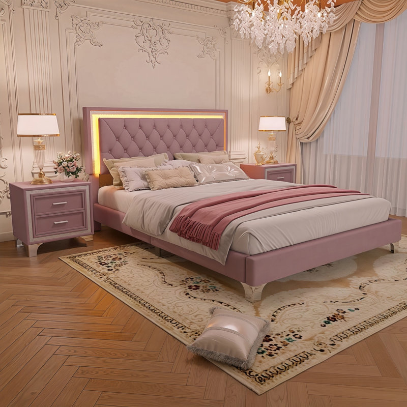 3-Pieces Bedroom Sets,Upholstered Platform Bed with LED Lights and 2 Nightstands, Pink