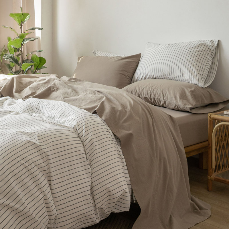 100% Washed Cotton Sheet Set Extra Deep Pocket Linen Like Textured, King Sheet Set with 2 Pillowcases, Mocha Brown
