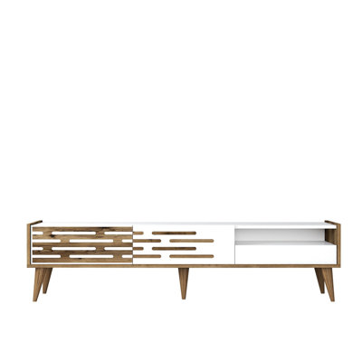 Meuble télé moderne avec plusieurs tablettes, finition noyer et blanc, 70,9 x 13,8 x 17,7 pouces | Panneau de particules enduit 100% mélamine, épaisseur 0,7 po | Solution de rangement élégante avec poignées et pieds en plastique, conception géométrique