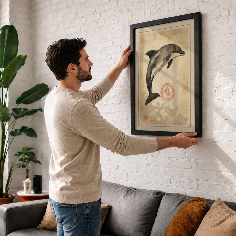 Dolphin with Red Seal Japandi - Framed Print, A2 - 59.4 x 42.0 cm, Black