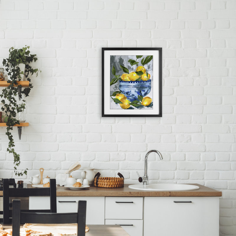 «Indigo & Lemon Bowl», reproduction encadrée sous verre, design par Melissa Wang, H 16 po x l 13 po, Cadre noir minuit
