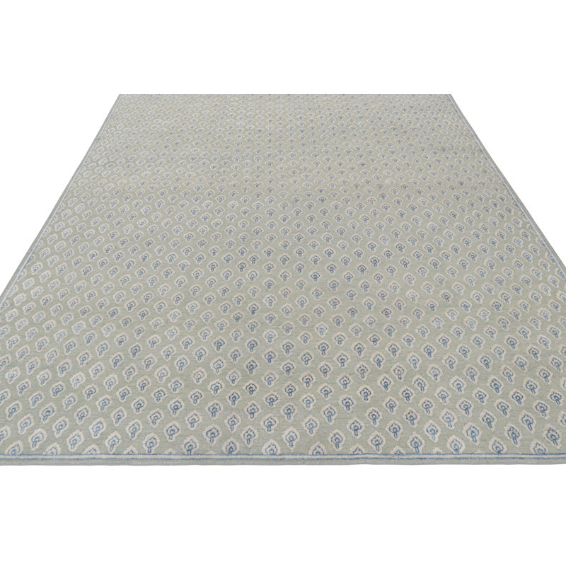 Rug & Kilim’S Modern Block Print Rug In Blue And White Floral Pattern, Rectangle 10' x 14'