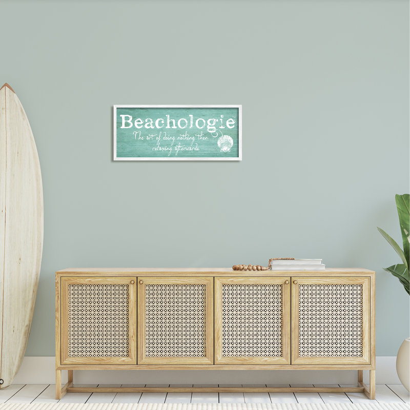 Enseigne patinée Beachologie, H 13 po x l 30 po x P 1,5 po, Giclée encadrée blanc bord de mer