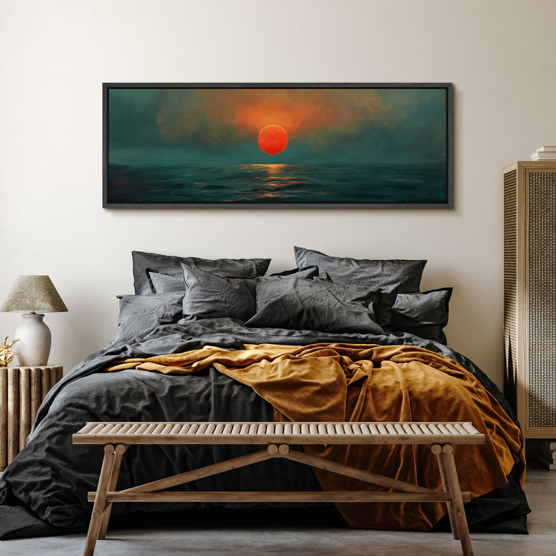 «Coastal Beach Sunset Over Ocean Vibrant Sun and Waters Decor Extra Large», reproduction d'art, H 20 po x l 60 po