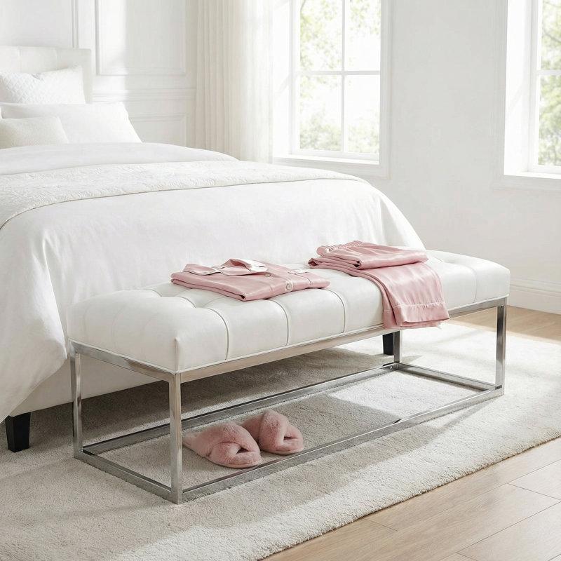 Banc surdimensionné contemporain en acier inoxydable Cheab, Similicuir blanc neige