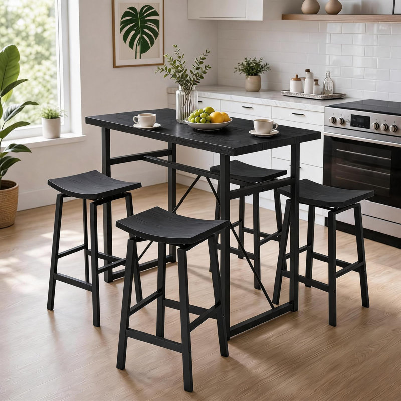 Industrial Dining Table Set, with 4 Stools, Black