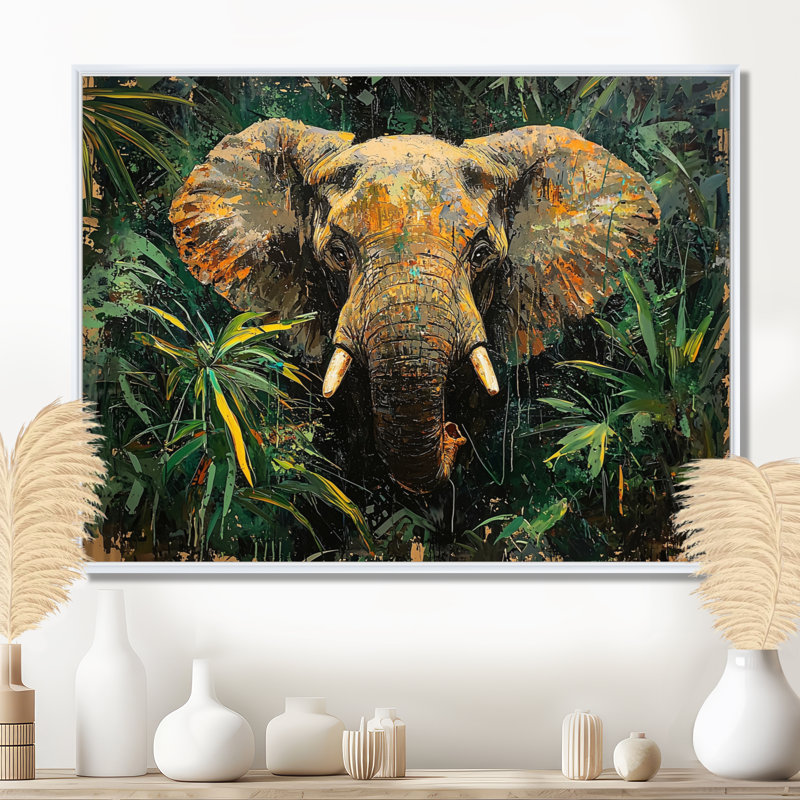 Tête d'éléphant dans la jungle I - éléphant, art mural sur toile, H 12 po x l 20 po, Impression encadrée flottante, Blanc