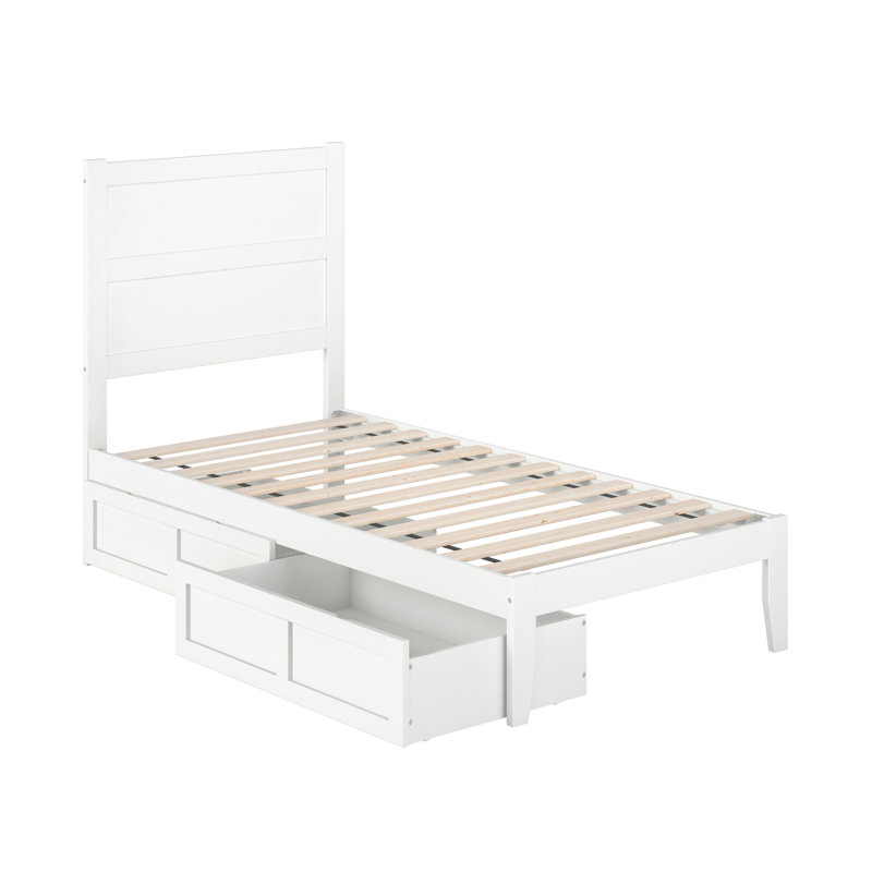 Lit plateforme en bois massif avec tiroirs de rangement Jaheim, Lit simple, Blanc