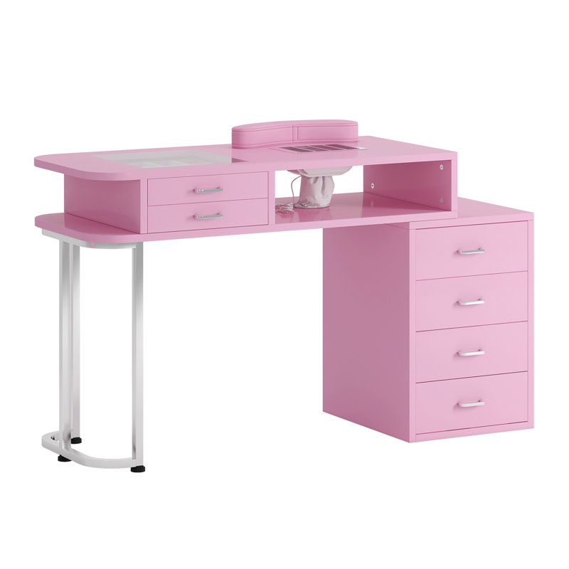 Manicure Nail Table For Nail Tech With Visible Display Desktop, Nail Workstation With Dust Collector, Wrist Cushion And 4 Large Drawers, Pink