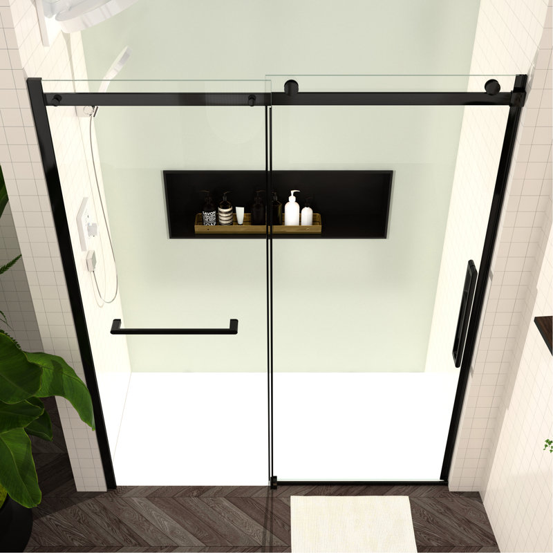Sliding Shower Door Enclosure, 56 - 60"W X 76"H, Tempered Glass, Matte Black Hinges, Smooth Track, Easy Clean Finish, Bathroom Redesign Concept Glass Door, Pull Handle, Action, Renovation Option