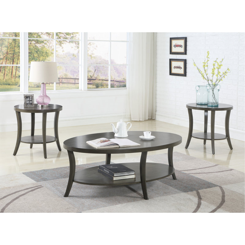 Contemporary Oval Shelf Coffee Table Set With Ample Display And Storage Space