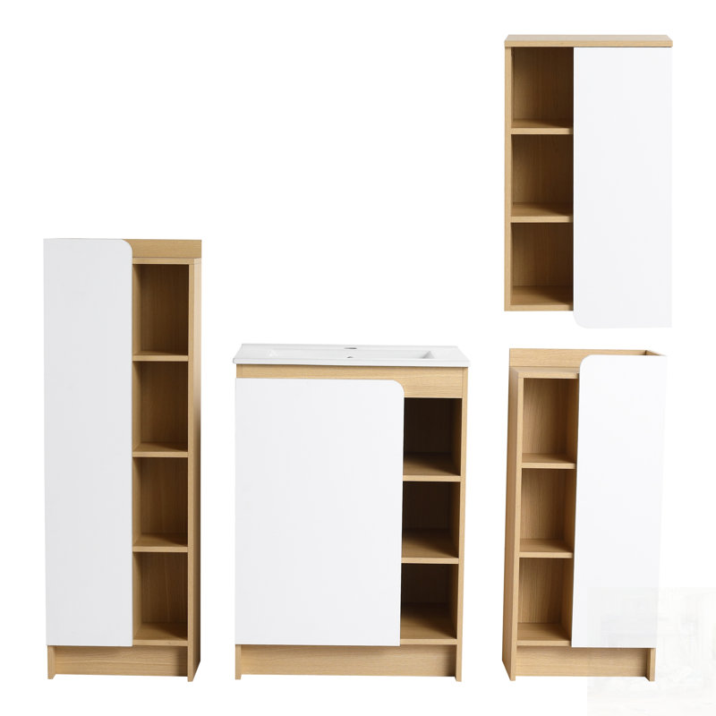 Ensemble de meuble-lavabo 4 pièces avec lavabo en céramique à bords minces, rangement spacieux et panneaux de porte bicolores pour un style polyvalent