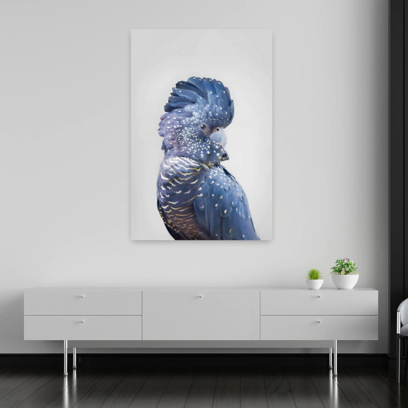 Art mural contemporain abstrait noir cacatoès, 60" H x 40" W