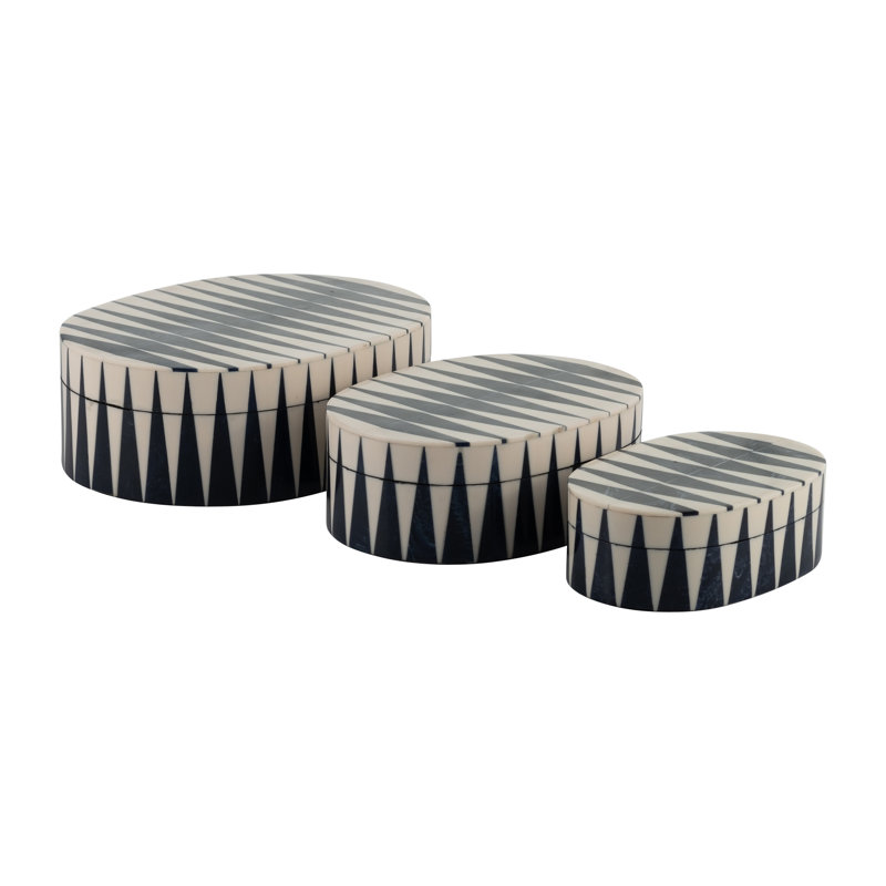 Set of 3 Decorative Boxes - 9" x 7" x 3", Lines Blue/White