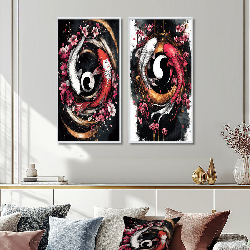 Ensemble d'art mural 2 pièces Sakura Yin et Yang Koi Pond I - Kois Fish, H 32 po x l 32 po, Impression encadrée, Blanc