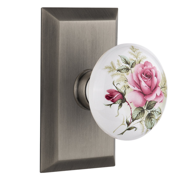 Studio Plate with White Rose Porcelain Door Knob, Antique Pewter