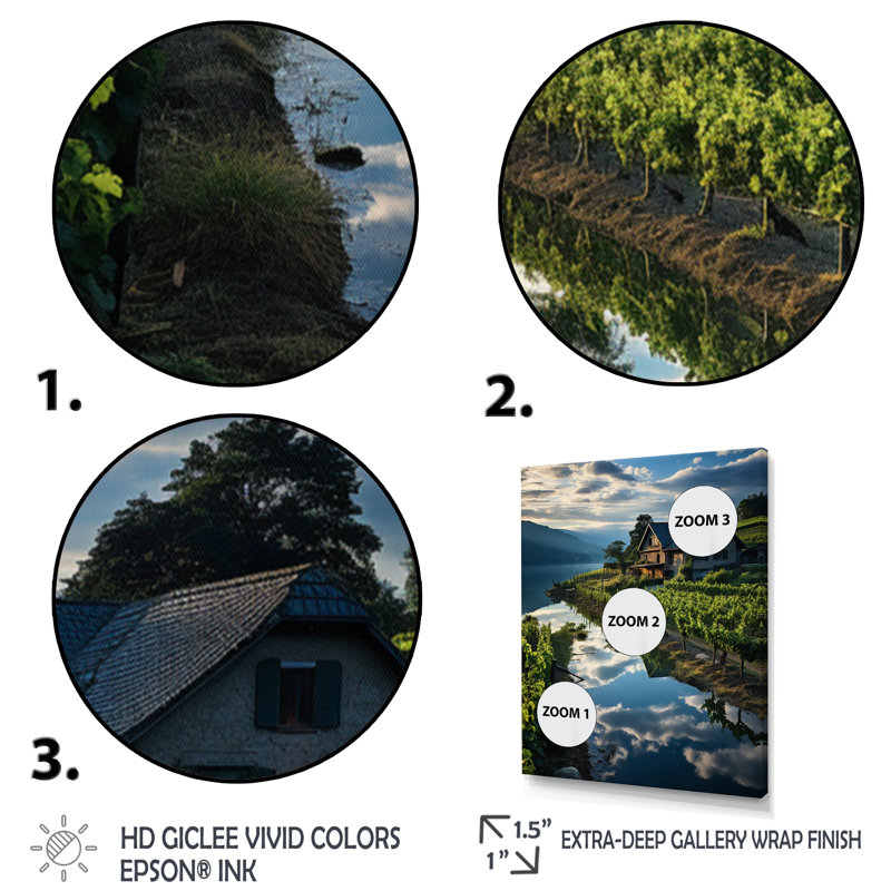 «Scenic Vineyard Sky Reflections On Water», art mural sur toile, Cadre photo noir, H 32 po x l 16 po x P 1 po