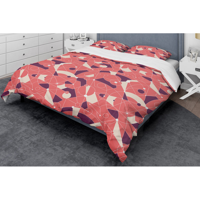 Ensemble de housse de couette Mid-Century Retro Grid IV, Housse de couette très grand et 2 taies, Orange / mauve