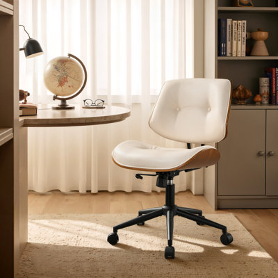 Mid-Century Modern Adjustable Office Chair with Faux Leather Seat and Wood Back, Adjustable Swivel Rolling Base