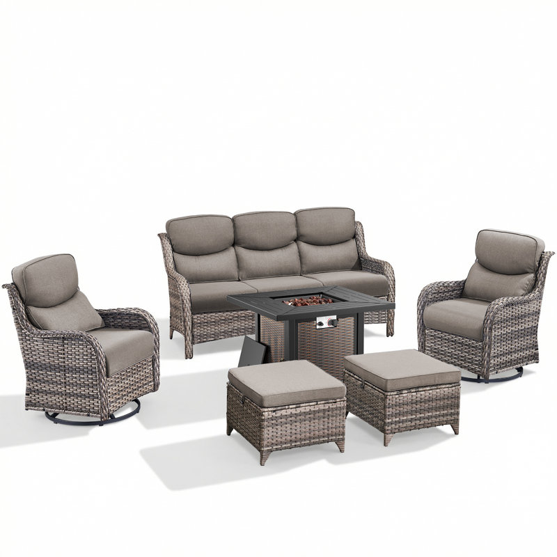 Anner 6-Piece Outdoor Wicker Patio Square Metal Fire Pit Table Conversation Set With Swivel Gliders And Ottomans, Gray, Gray