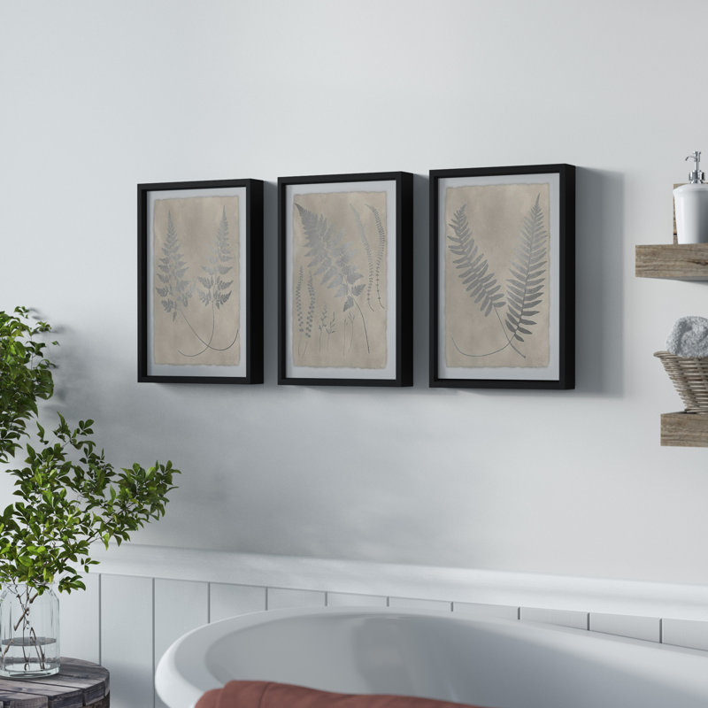 Étude de fougères rétro V - ensemble de 3 reproductions de dessins sur papier, H 18 po x l 36 po x P 1,5 po