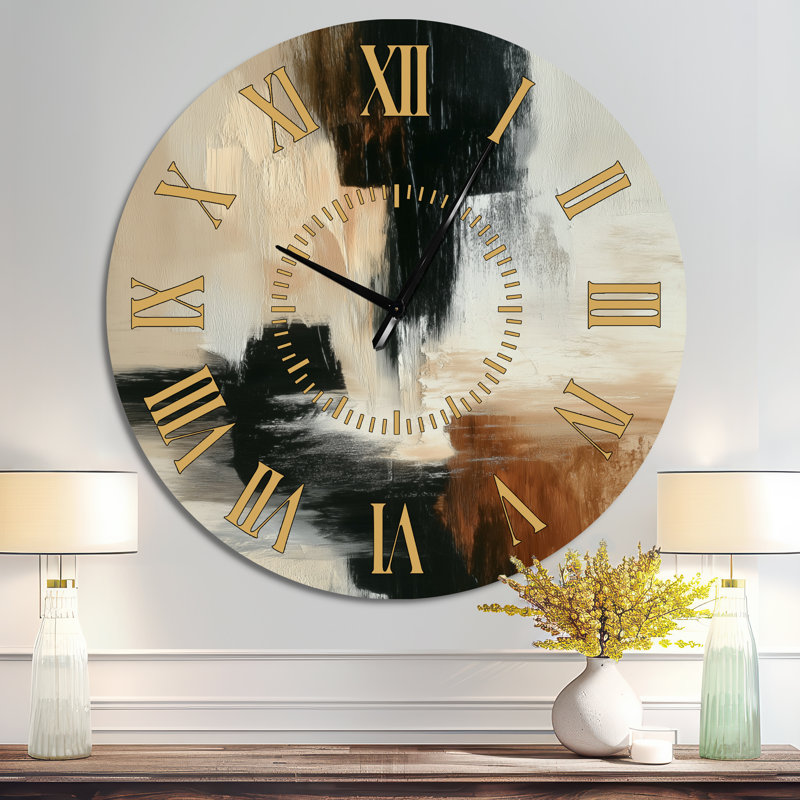 Horloge murale en métal de style milieu du siècle, motif abstrait à coups de pinceau noirs, Surdimensionné