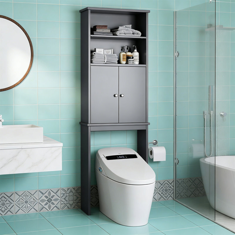 Over The Toilet Storage Cabinet With Open Bottom Bar & Adjustable Shelf, Anti-Tip, Gray, Gray