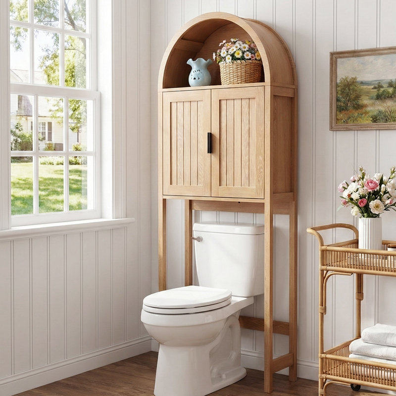 Aesthetic Arched Over-the-toilet Storage Cabinet, 71" Extra Tall Bathroom Organizer With 3-level Adjustable Shelf And 0.6" Thick Solid Frame, Natural Wood