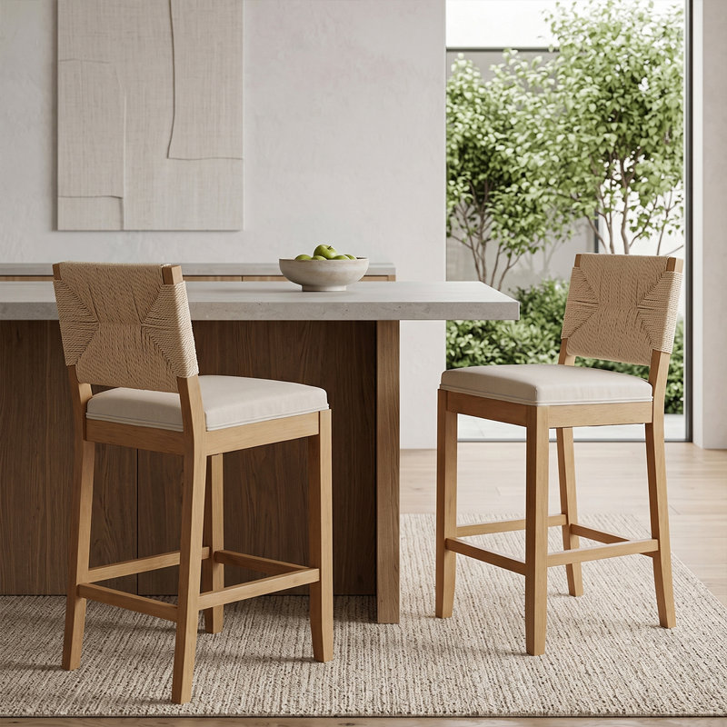Tabourets de bar 26 po en lin avec dossier tissé et structure en bois