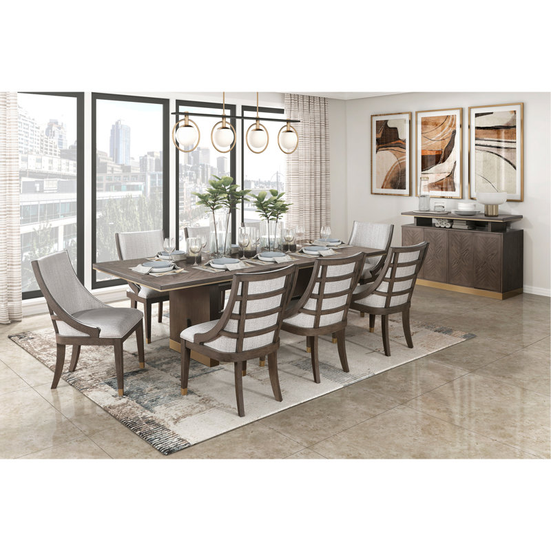 Ensemble de table de salle à manger à rallonge moderne brun 5 pièces et 4 fauteuils avec garniture dorée