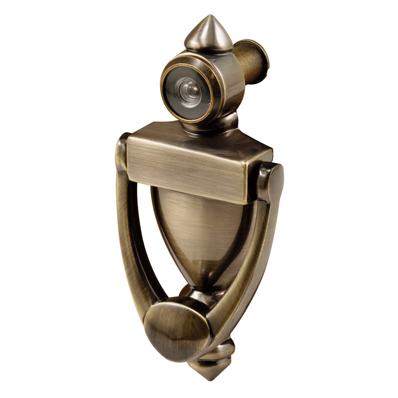 Door Knocker and Viewer, Diecast Construction, Antique Brass Finish (Single Pack), Antique Brass, 9.2" H x 3.9" W x 1.35" D